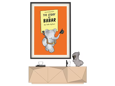 Framed Animal Painting Featuring Elephant Babar With Small Dog Figurine On Table 3d model