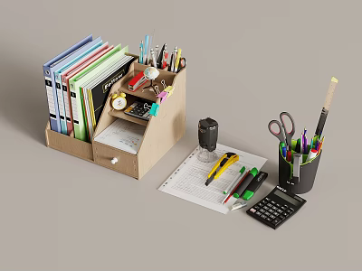 Books and Magazines in Wooden Desk Organizer with Stationery Pens Scissors Calculator and Notebook 3d model