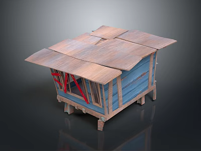 Rustic Small Wooden Cabin With Blue Walls Red Window Frames And Sloped Roofs 3d model