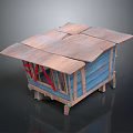 Rustic Small Wooden Cabin With Blue Walls Red Window Frames And Sloped Roofs