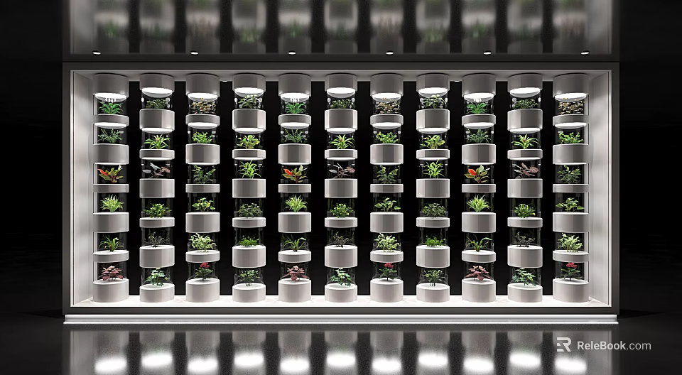 Elegant Modern Vertical Display Shelves Featuring Multiple Layers and Green Plants Arrangement 3d model