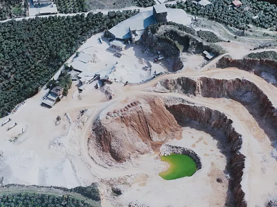 Open Pit Terrain With Green Pond Sandy Slopes And Surrounding Vegetation 3d model