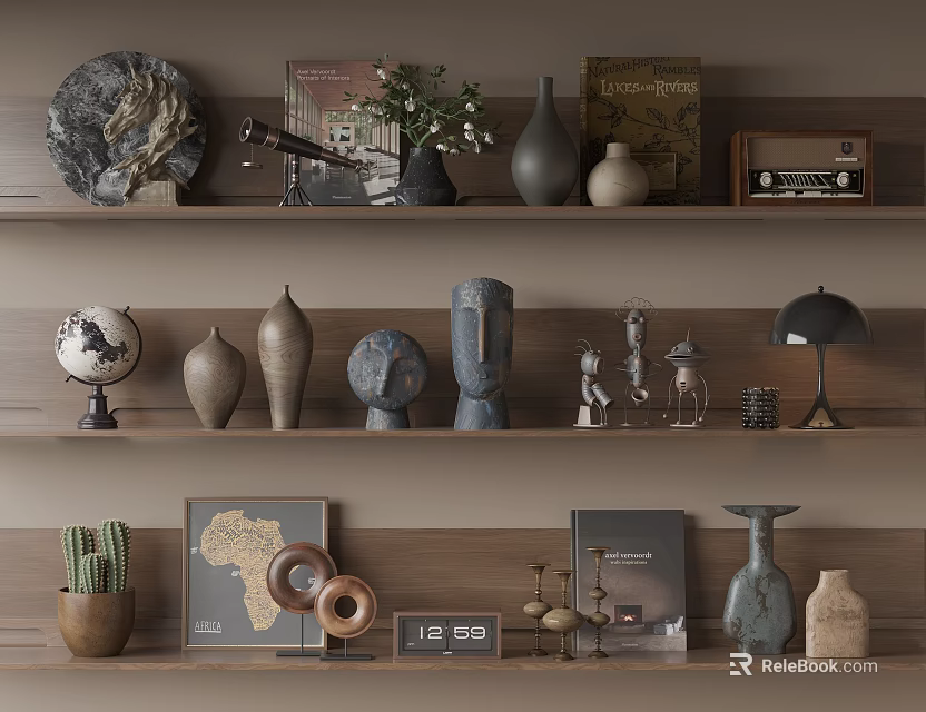 Stylish Ornamental Decor Collection With Globe Vases Sculptures Framed Art Books On Wooden Shelves 3d model 