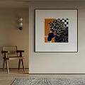 Modern Abstract Artwork On Wall With Wooden Chair And Decorative Lights 3d model