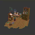 Vintage Wooden Dining Table With Candlestick Books Papers And Bookshelf On Wooden Floor