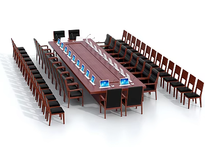 Long Wooden Conference Table with Laptops Surrounded by Multiple Chairs in Meeting Room 3d model