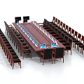 Long Wooden Conference Table with Laptops Surrounded by Multiple Chairs in Meeting Room