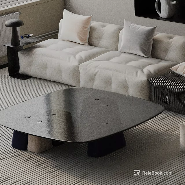 Modern Light Fabric Sofa and Coffee Table Set with Cushions and Multi Colored Legs 3d model