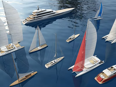 Sailboats Of Various Sizes And Colors Sailing On Blue Water With Luxury Yachts 3d model Sailboats Of Various Sizes And Colors Sailing On Blue Water With Luxury Yachts 3d model