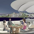 Evening Waterfront Scene With Boat Featuring White Canopy Surrounding Buildings And Lights Creating Calm Reflections