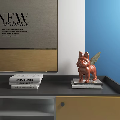 Modern Style Red Winged Dog Decorative Ornament Set With Books On Shelf 3d model Modern Style Red Winged Dog Decorative Ornament Set With Books On Shelf 3d model