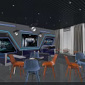 Modern Tech Inspired Leisure Interior With Colorful Chairs Round Tables Large Screens And Neon Lights