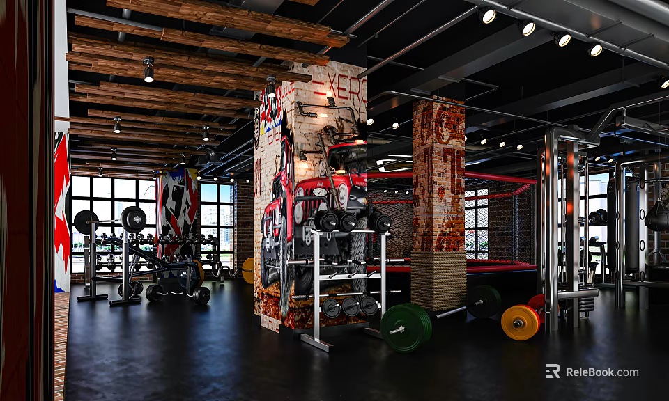 Open Gym Interior With Brick Walls Boxing Ring And Weight Equipment 3d model 