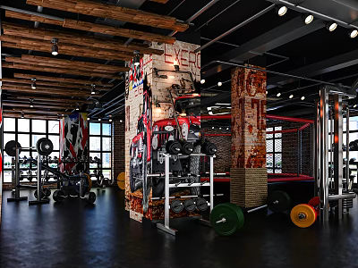 Open Gym Interior With Brick Walls Boxing Ring And Weight Equipment 3d model