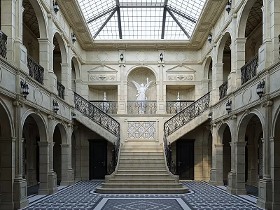 Religious Faith Inspired Sacred Architecture With Angel Statue Arched Corridors And Glass Skylight 3d model