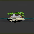 Cartoon Scene of Tropical Island with Palm Trees Sandy Beach and Blue Water