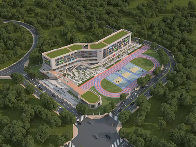 Modern School Building With Green Roof Surrounded By Trees And Sports Field 3d model