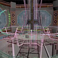 Cartoon Style Futuristic Control Room With Circular Platforms And Metallic Railings