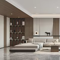 Modern Minimalist Living Room Featuring Marble TV Wall Wooden Accents Sofa And Coffee Table
