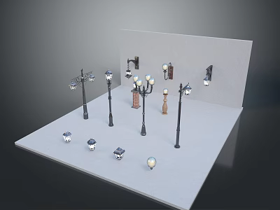 Various Styles Lighting Combination With Street Lamps Wall Lights Black Brown Fixtures On White 3d model
