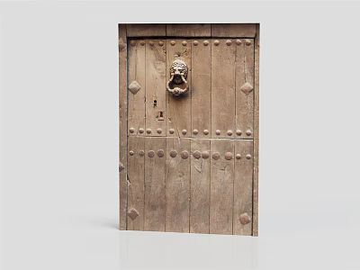 Antique Wooden Door With Metal Rivets And Lion Head Knocker Design 3d model
