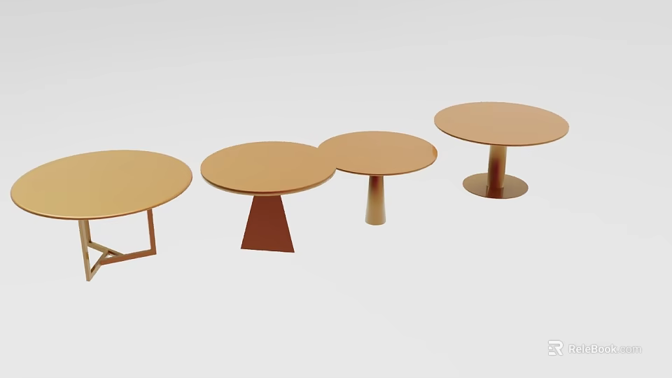 Four Brown Round Dining Tables With Different Leg Designs Including Cross Shaped Triangular And Cylindrical 3d model