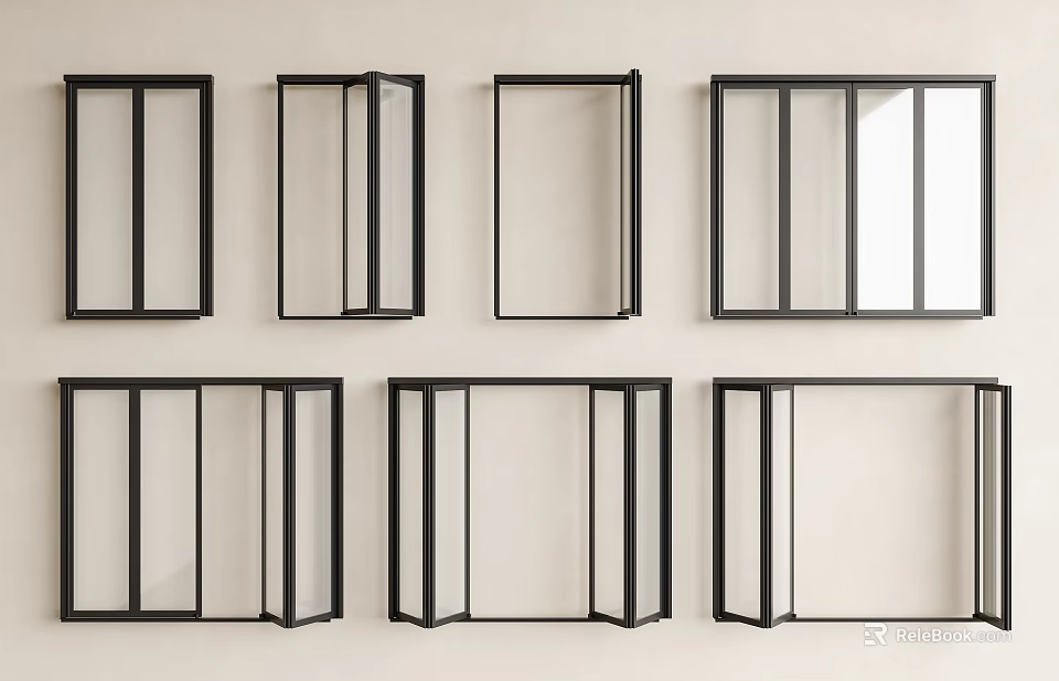 Different Black Framed Window Styles With Glass Panels Arranged On Wall 3d model