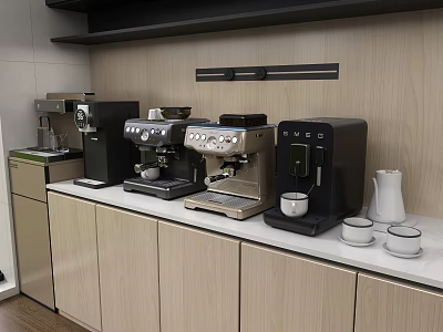 Stylish Modern Kitchen Interior With Coffee Machines Cabinets White Countertop And Ceramic Cups 3d model