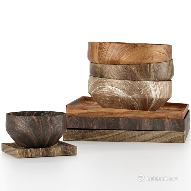 Wooden Tableware Set With Stacked Bowls Trays Natural Texture Various Sizes For Dining 3d model 