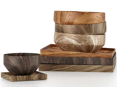 Wooden Tableware Set With Stacked Bowls Trays Natural Texture Various Sizes For Dining 3d model