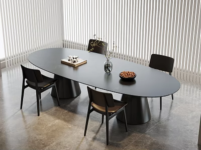 Modern Oval Black Dining Table Set With Four Chairs Vase And Plate On Gray Floor 3d model