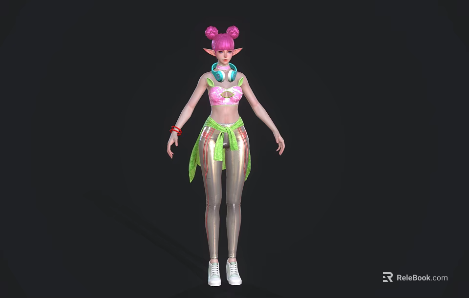 Woman With Pink Bun Hair Elf Ears Headphones Green Accessories Silver Leggings White Sneakers 3d model 