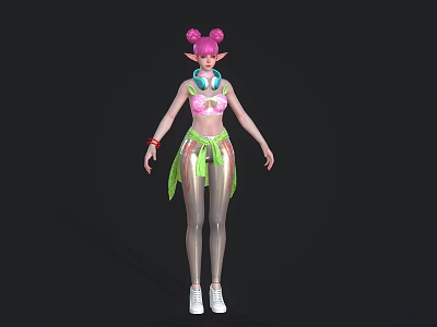 Woman With Pink Bun Hair Elf Ears Headphones Green Accessories Silver Leggings White Sneakers 3d model