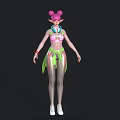 Woman With Pink Bun Hair Elf Ears Headphones Green Accessories Silver Leggings White Sneakers
