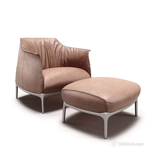 Brown Leather Leisure Chair With Matching Ottoman And Metal Legs Modern Design 3d model 