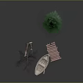 Outdoor Scenery With Bare Tree Green Pine Boat And Pink Bench