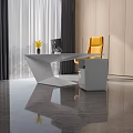 Modern White Geometric Office Desk With Black Mac Computer Yellow Flower Vase And Yellow Chair