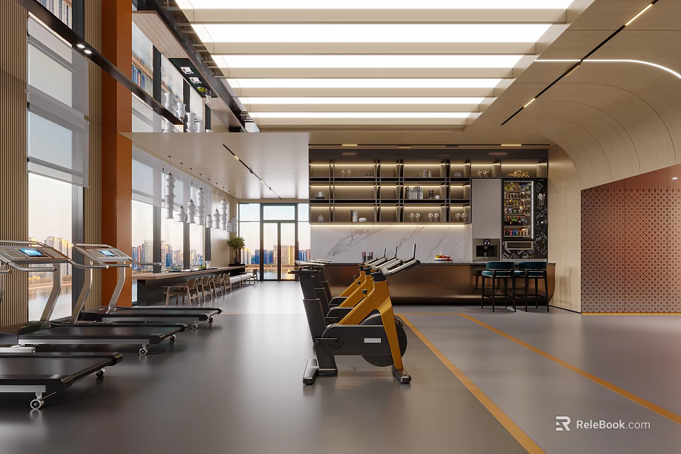 Modern Spacious Gym Interior Design With Treadmills And Spin Bikes 3d model
