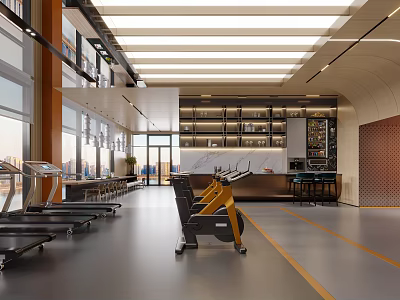 Modern Spacious Gym Interior Design With Treadmills And Spin Bikes 3d model