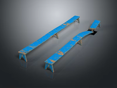 Two Blue Worn Benches With Distressed Finish And Wooden Legs 3d model