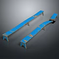 Two Blue Worn Benches With Distressed Finish And Wooden Legs 3d model