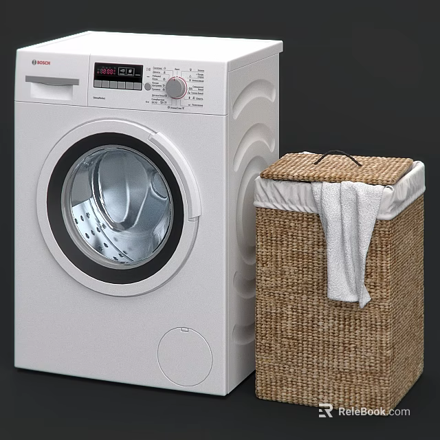 White Washing Machine With Woven Laundry Basket And White Towel In Home Laundry Room 3d model 