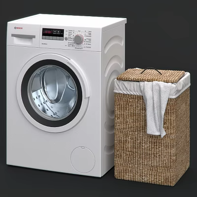 White Washing Machine With Woven Laundry Basket And White Towel In Home Laundry Room 3d model