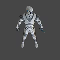Futuristic Robot In Silver Black Armor With Glowing Accents Standing Against Dark Background