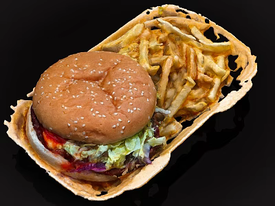 Sesame Bun Hamburger With Lettuce Purple Cabbage Sauce And Crispy French Fries In Paper Basket 3d model