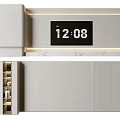 Modern Interior Background Wall Design With Digital Clock Storage Cabinets And Marble Countertop Lighting 3d model