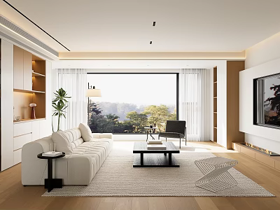 Modern Living Room Interior With White Sofa Black Coffee Table And Floor To Ceiling Windows 3d model