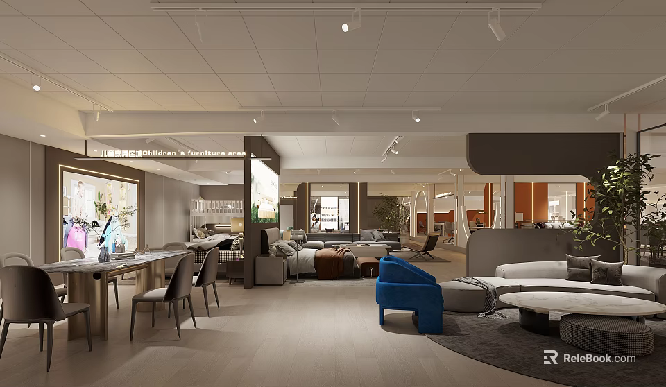 Modern Interior Space With Sofa Blue Chair Coffee Table Open Layout And Lighting 3d model 
