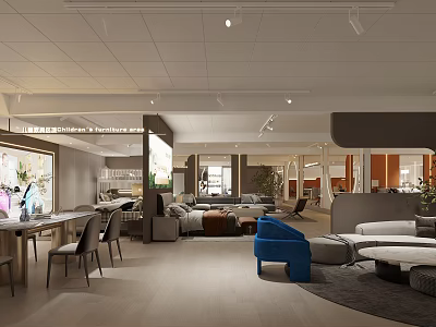 Modern Interior Space With Sofa Blue Chair Coffee Table Open Layout And Lighting 3d model
