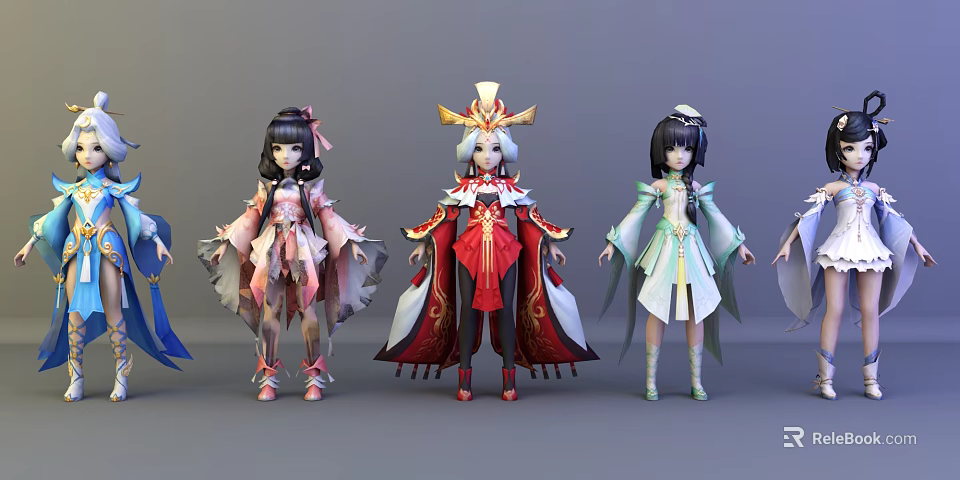 Multiple Anime Female Characters In Different Traditional Colorful Outfits With Ornate Headpieces 3d model 